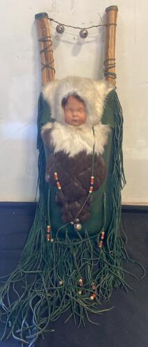 Native American-Style Cradleboard with Doll, Wood Frame, Fur, Beads, Bells, Green Fringe ( SP6 )