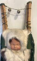 Native American-Style Cradleboard with Doll, Wood Frame, Fur, Beads, Bells, Green Fringe ( SP6 ) - 2