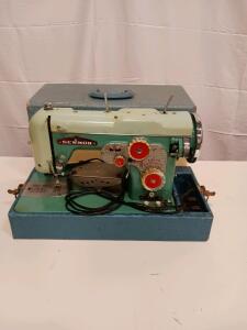 Sewmor Super Automatic Zig Zag Electric Sewing Machine, Japan, Carry Case, 1950s-60s Green