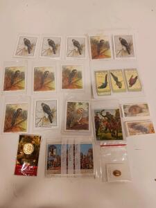Vintage Cigarette Cards Lot Player&rsquo;s, CWS, Liebig, Birds & Animals w/ Keepsake Medallion, Lapel Pin