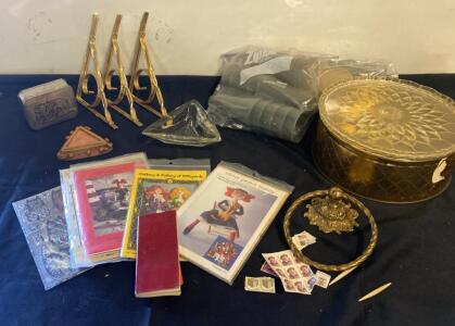 Vintage Decor & Collectibles Lot &ndash; Brass Wall Hooks, Stamps, Glassware, Metal Tin, Ephemera