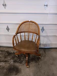 Vintage Wooden Swivel Office Chair with Cane Back and Upholstered Seat