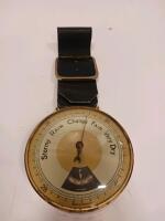 German Brass Aneroid Barometer with Leather Strap, Thermometer, 4.5" Face