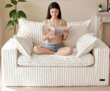 MAXYOYO 59" Bean Bag Sofa Loveseat, Cream Faux Fur, Boneless, Deep Seating, Two Pillows, X004VLUUX7