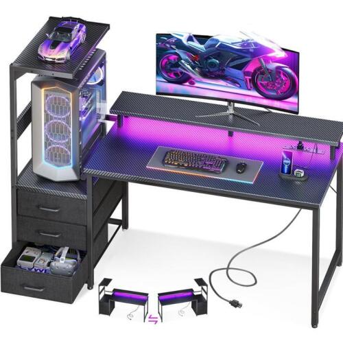Sweetcrispy L-Shaped Computer Desk, Carbon Fiber, 3 Drawers, Raised Monitor Shelf, RGB LED, Power Strip