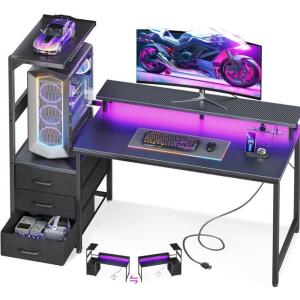Sweetcrispy L-Shaped Computer Desk, Carbon Fiber, 3 Drawers, Raised Monitor Shelf, RGB LED, Power Strip