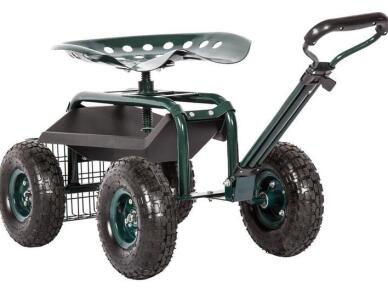 Rolling Garden Cart Seat With 360&deg; Swivel, Adjustable Height, Extendable Handle, And Storage