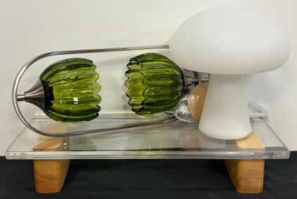 White BETNA Mushroom Table Lamp, Double Globe Green Glass Hanging Lamp & Acrylic Computer Stand