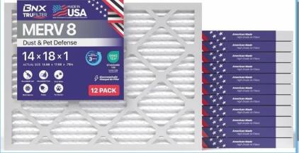 BNX TruFilter 14x18x1 MERV 8 HVAC Air Filters, (2)12 Pack, Pet & Dust Defense, OEKO-TEX, USA Made
