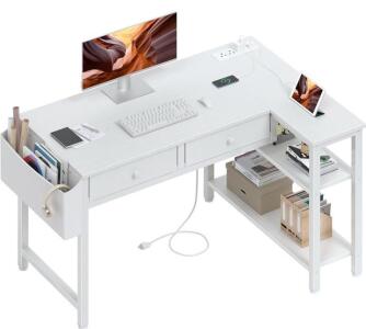 Techni Mobili Modern L-Shaped Desk, 2 Drawers, Shelves, Fabric Organizer, White, 40" x 32" x 29.5"