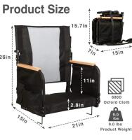 Beharity Portable Stadium Bleacher Seat, 26" High Back, 21" Wide, Armrests, 9 lbs, Storage Pockets, Black, QTY:2 - 2