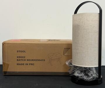 Blue Velvet Vanity Stool, Gold Legs & Table Lamp With Charging Outlets