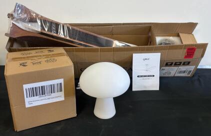 QWO 60-Inch Deep Walnut Ceiling Fan, No Light & White Mushroom Desk Lamp