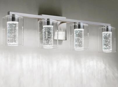 Modern Brushed Nickel LED 4-Light Vanity Fixture, Bubble Crystal Glass, Dimmable