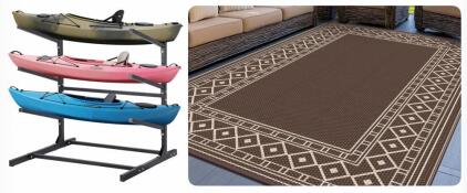 3-Tier Kayak Storage Rack 300 lbs, Adjustable Steel Stand + 8'x10' Reversible Outdoor Patio Rug