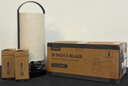 Amico 30" 3-Blade Flush Mount Ceiling Fan With Light & Desk Lamp With Plug In Charging Spots