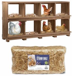 8-Compartment Solid Wood Chicken Nesting Box, 50.2" Wide, With FloraCraft Barley Straw Bale