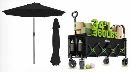 InBrave Patio Umbrella 9Ft Black, Crank & Tilt, With Folding Cart Wagon 34" 360lb Capacity