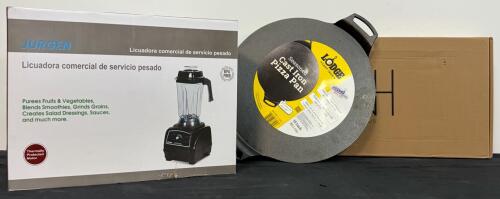 Jurgen Heavy Duty Blender, Lodge 15" Cast Iron Pizza Pan & NH Dual-Sided Cutting Board Set