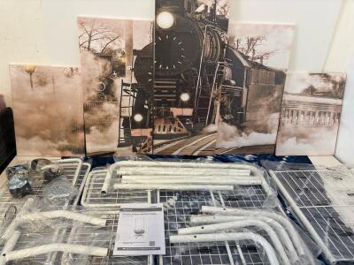 Nachic Wall 5-Panel Vintage Steam (5) Piece Train Retro Brown Canvas Art, 60x32 Inches And Laundry Basked With Hanging Bar