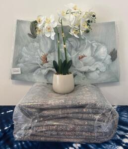 Floral Home Decor Set: Artificial Orchid Plant, 5x7 Area Rug, Two 16x16 Canvas Paintings