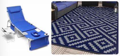 Yestomo Outdoor Lounge Chair With Side Table & 10x14' Waterproof Reversible Rug, Blue, UV Resistant