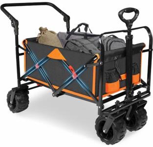 Taifa Foldable Collapsible Wagon Cart, 330 lb Capacity, Push/Pull, All-Terrain PU Wheels, Black/Orange
