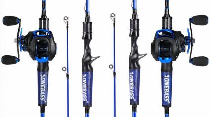(2) ONEBASS SPIRIME 2-Piece Baitcasting Rod & Reel Combos, 8.1:1, Blue/Black, 6'6"Right & 7'Left