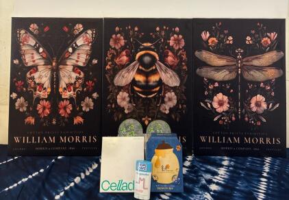 William Morris Cotton Prints Exhibition Art Set &ndash; Butterfly, Bee, Dragonfly, 12"x16" Unframed, (2) Glass 4 Leaf Clover Light Up Globes and Various Beauty Products