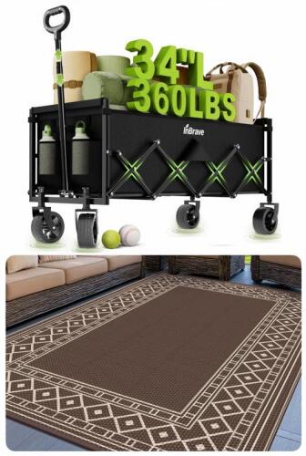 InBrave Collapsible Folding Wagon, 360 lb Capacity, 34" Cargo & 8x10&rsquo; Reversible Outdoor Rug