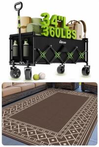 InBrave Collapsible Folding Wagon, 360 lb Capacity, 34" Cargo & 8x10&rsquo; Reversible Outdoor Rug