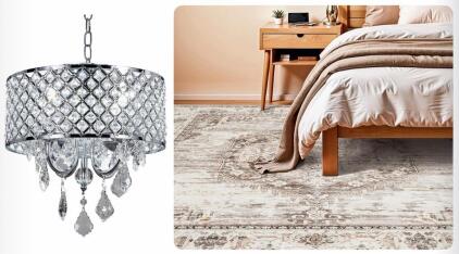 4-Light Chrome Round Metal Shade Crystal Chandelier & YU YONGFENG 8' x 8' Square Traditional Area Rug, Ivory/Beige, OEKO-TEX Certified