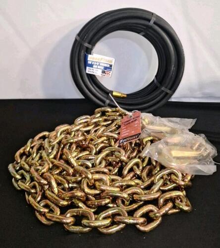 (1) Goodyear Rubber Air Hose - 3/8in. x 50ft., Black & (1) G80 Transport Binder Chain 3/8 Inch x 20 Foot, 7,100 lbs Safe Working Load, Heavy Duty Tow Chain with Clevis Grab Hooks | Ideal for Towing, Tie-Down, & Lifting Applications