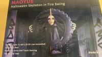 MAOYUE Halloween Animatronic Skeleton in Tire Swing, 23", Red LED Eyes, Voice & Touch Sensing and Unframed Cat Art - 2
