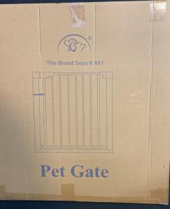 Pressure-Mounted Beige Pet Gate, Walk-Through Style, Metal Construction, X004VGQP27, Made in China - New in Box