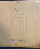 Pressure-Mounted Beige Pet Gate, Walk-Through Style, Metal Construction, X004VGQP27, Made in China - New in Box