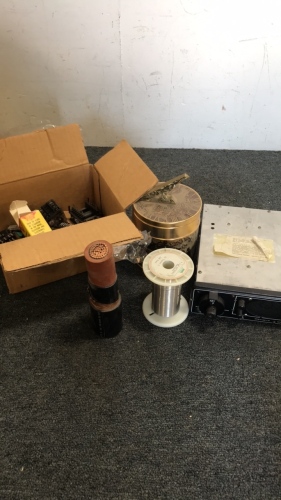 (1) Genave Airplane Radio (1) Box Of Electrical Components (1) World Globe Tobacco Tin (1) Spool of Wire (1) 6” Heavy guage Copper Wire