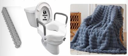 Carex E-Z Lock Raised Toilet Seat, VibSpine Back Roller, Blue Plush Wave Throw Blanket