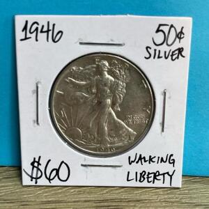 1946 Walking Liberty Half Dollar, 90% Silver, 50&cent; US Coin, Adolph Weinman Design