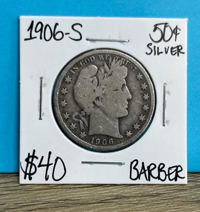 1906-S Barber Half Dollar, 90% Silver, San Francisco Mint, Circulated U.S. Coin