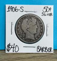 1906-S Barber Half Dollar, 90% Silver, San Francisco Mint, Circulated U.S. Coin