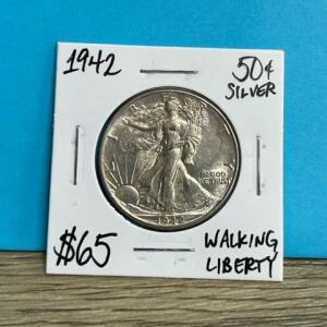 1942 Walking Liberty Half Dollar, 90% Silver, Philadelphia, 30.6mm Diameter, 12.5g Weight