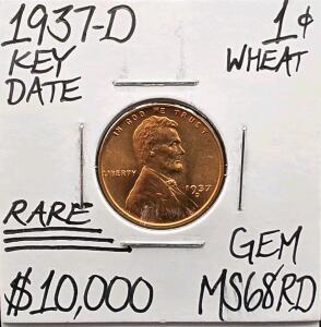 1937-D MS68RD RARE Key Date Gem Wheat Cent