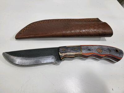 Fixed Blade Drop Point Knife, Laminated Wood Handle, Mosaic Pin, Leather Sheath