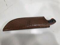Fixed Blade Drop Point Knife, Laminated Wood Handle, Mosaic Pin, Leather Sheath - 7
