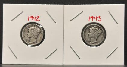 1942 & 1943 Mercury Dimes 90% Silver, Philadelphia Mint, Adolph Weinman Design, Circulated