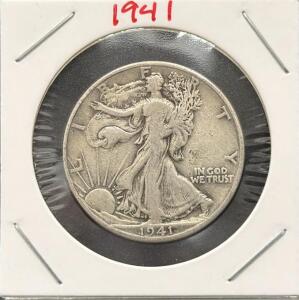 1941-D Walking Liberty Half Dollar, 90% Silver, Denver Mint, Circulated, Adolph Weinman Design