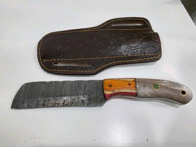 Custom Damascus Steel Fixed Blade Knife with Multi-Material Handle and Leather Sheath