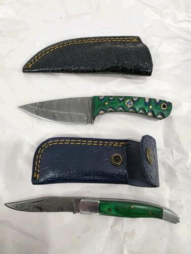 Custom Damascus Knife Set &ndash; Fixed & Folding, Green Mosaic Handles, Leather Sheaths Included
