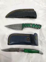 Custom Damascus Knife Set &ndash; Fixed & Folding, Green Mosaic Handles, Leather Sheaths Included